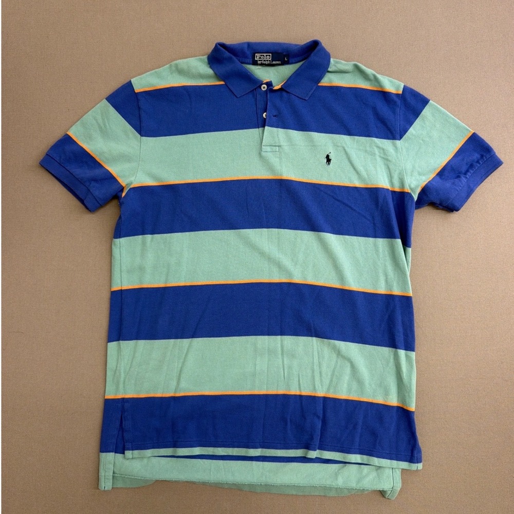 Polo Ralph Lauren Mens Large Blue Green Orange Striped Pique Polo Shirt L